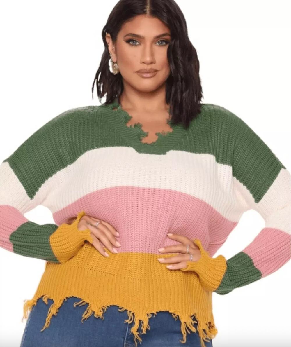 Full Circle Trends V-Neck Striped Color Block Frayed Sweater Size 3X NEW Casual